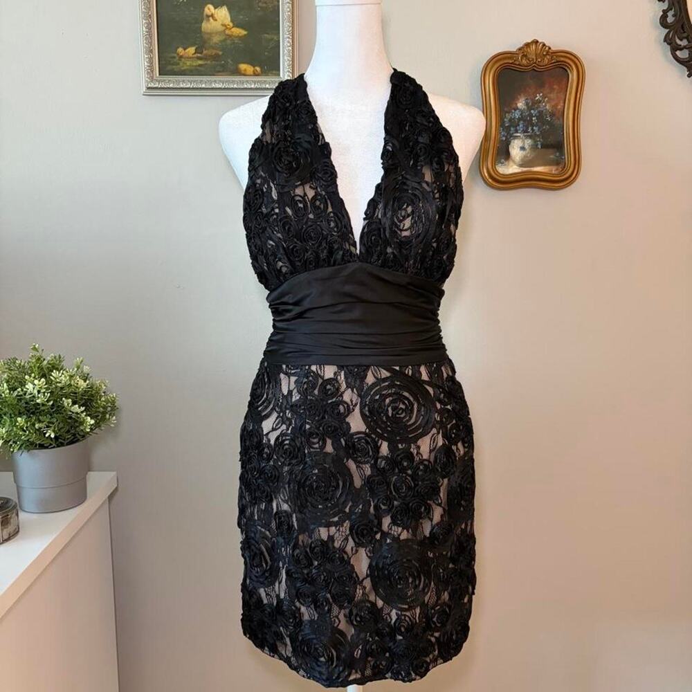 Vintage Rubber Ducky Black Rose Ribbon Lace Halter Mini Dress - Small